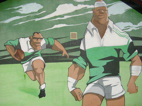 Aubusson/Frankreich: Graffitti an der Sportvereinsumkleide, 2014